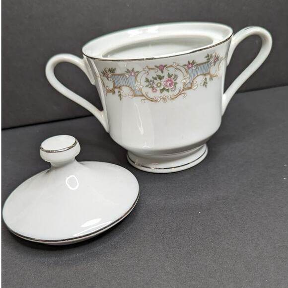 Fine China Japan Roquefort Creamer Sugar Set Silver Trim Floral Pattern - Picture 7 of 9